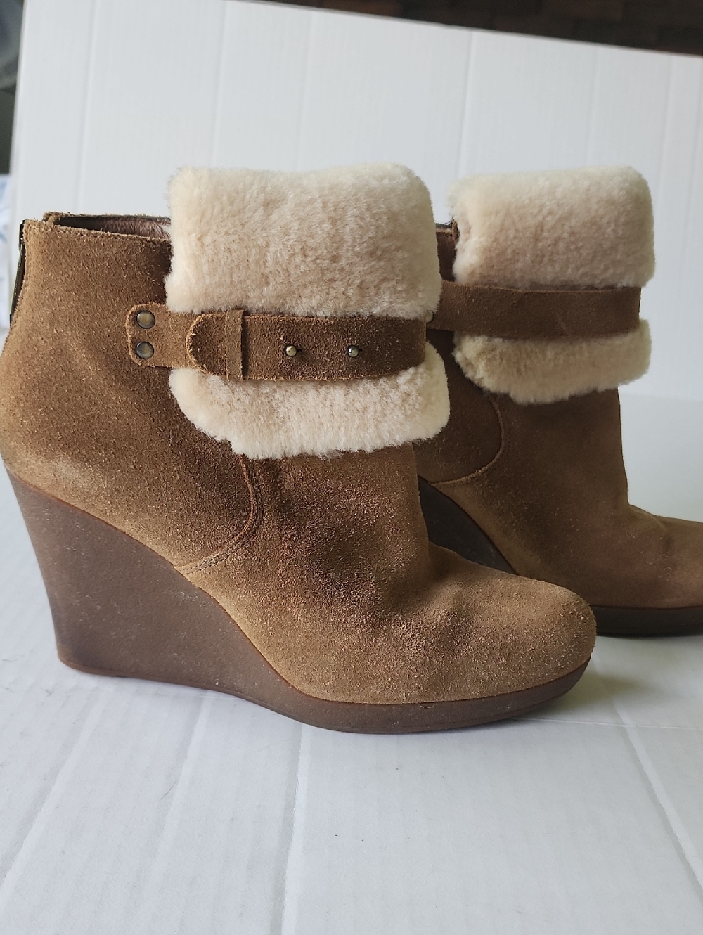 UGG Women's Anais Suede Shearling Wedge Ankle Boots